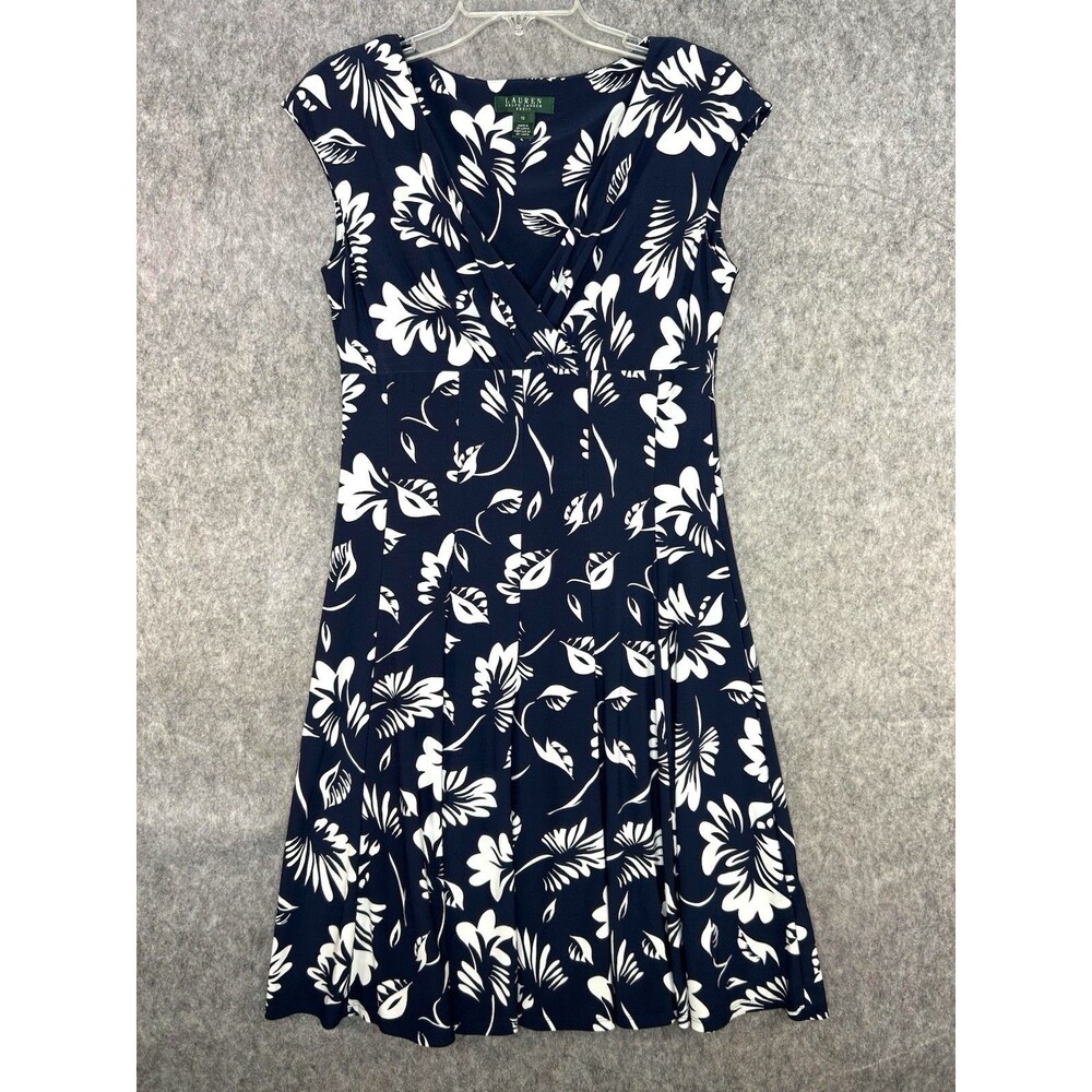 Ralph Lauren Navy Blue White Floral Cocktail Knee Length V-Neck Dress Size 10